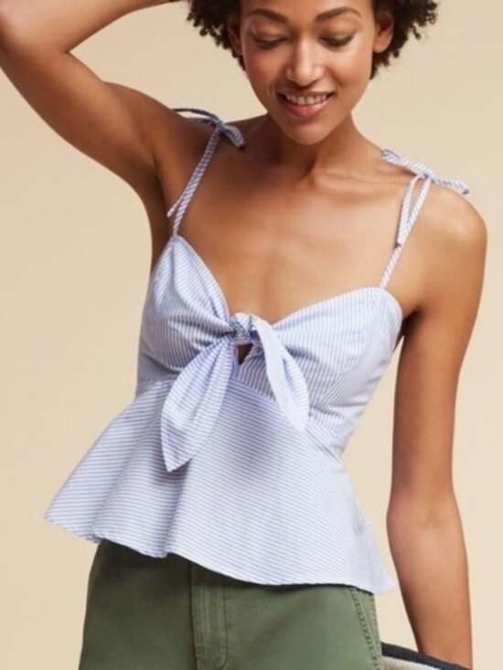 Maeve Tops - Maeve Anthropologie Blue Stripe Smocked Peplum Top Tie Front Cami Blouse Size 10